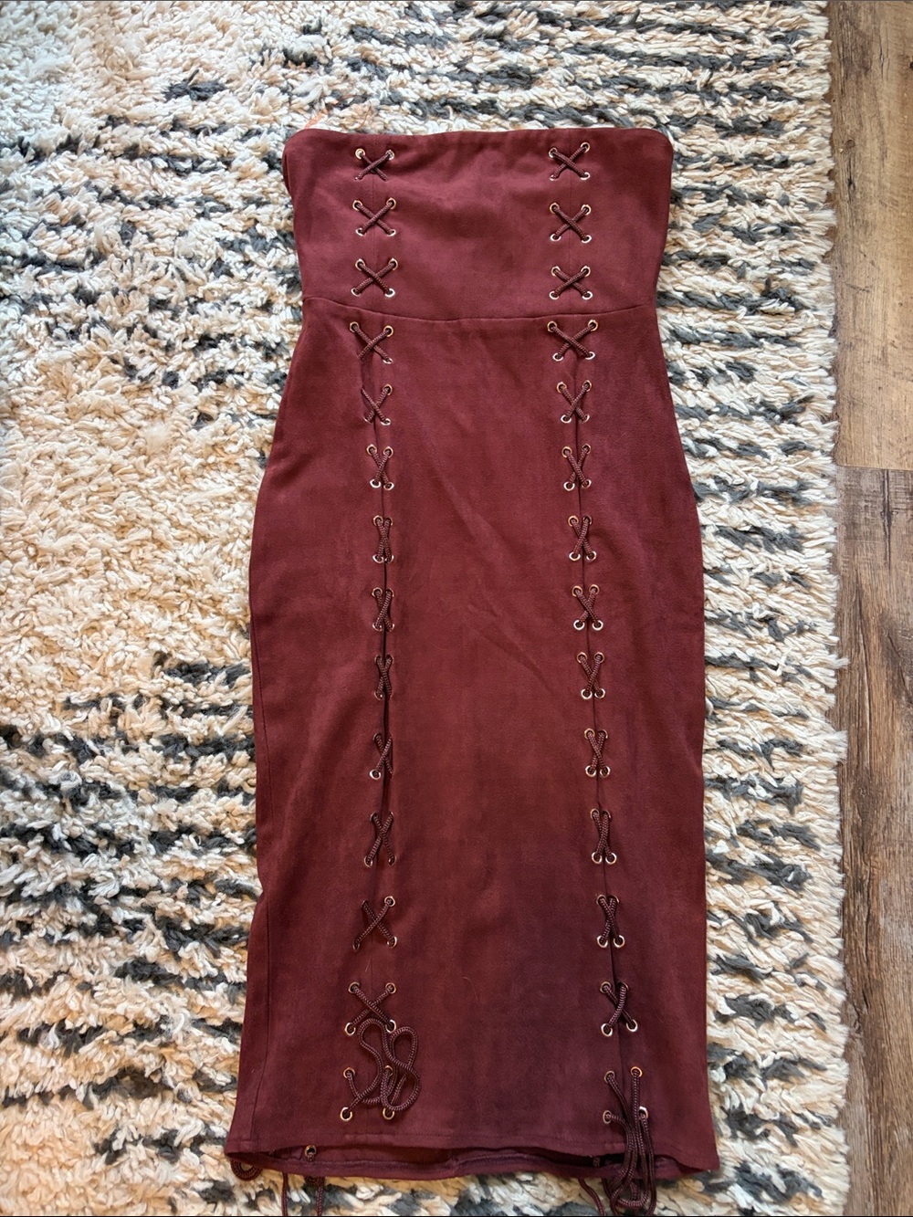 Oh Polly Strapless Lace-Up Midi Dress in Burgundy